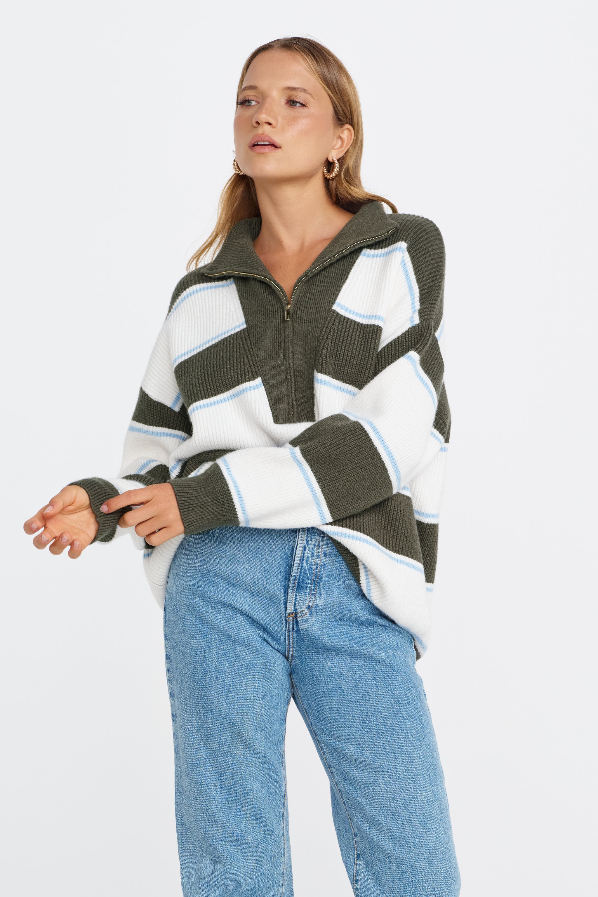 Beatrix Zip Knit Jumper - Green / White / Blue – Apero Label