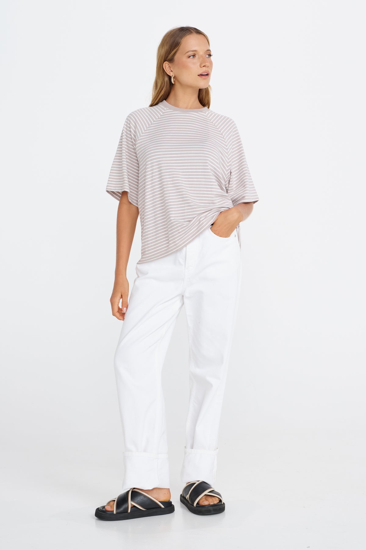 Classique Stripe Box-Cut Tee - Stone / White