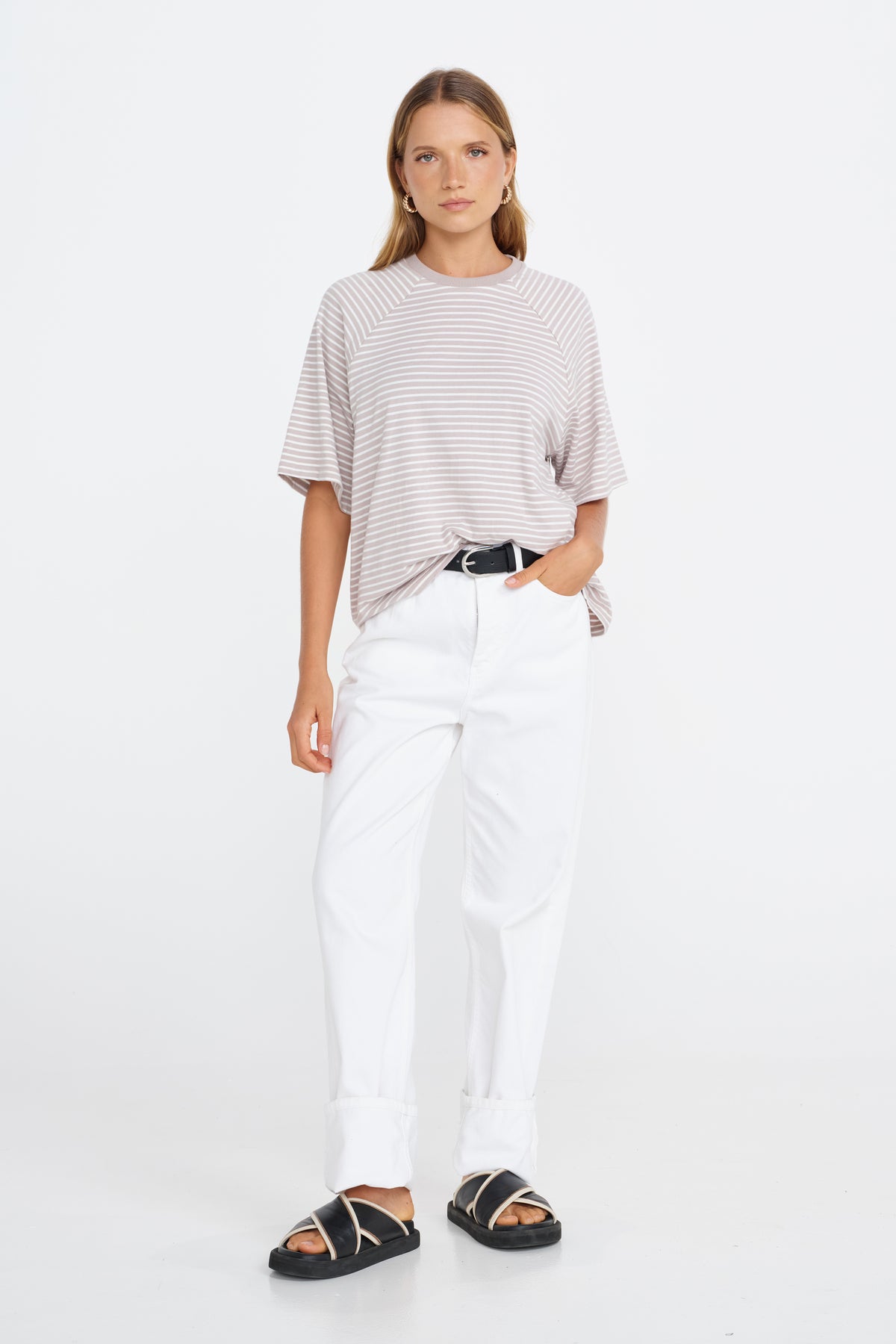 Classique Stripe Box-Cut Tee - Stone / White