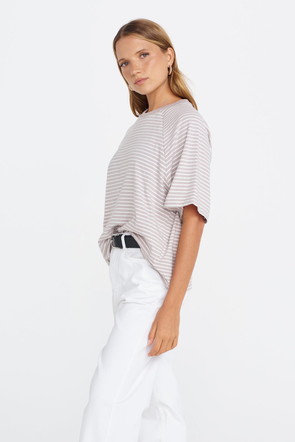 Classique Stripe Box-Cut Tee - Stone / White