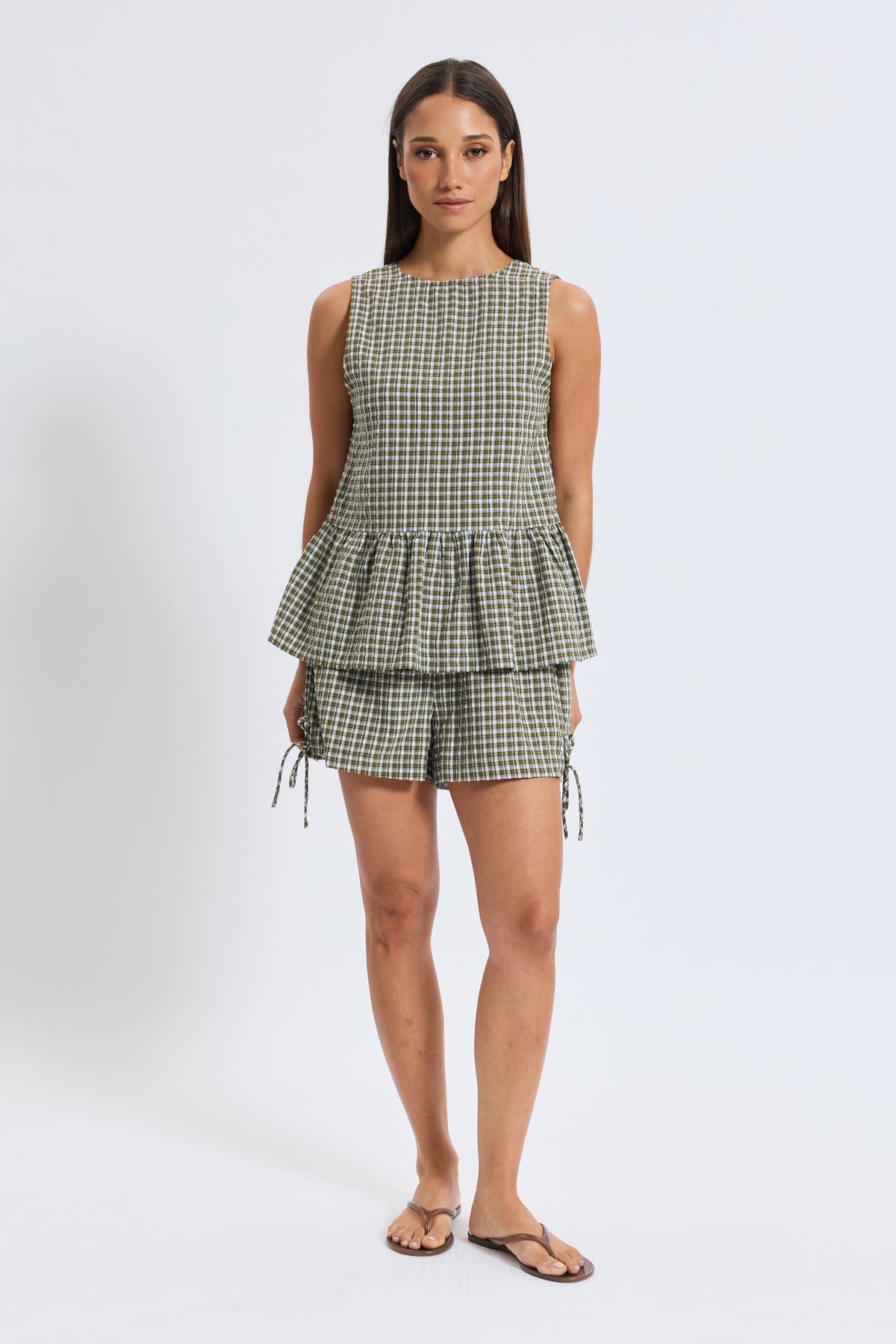 Kinsley Plaid Frill Top - Olive / White / Blue