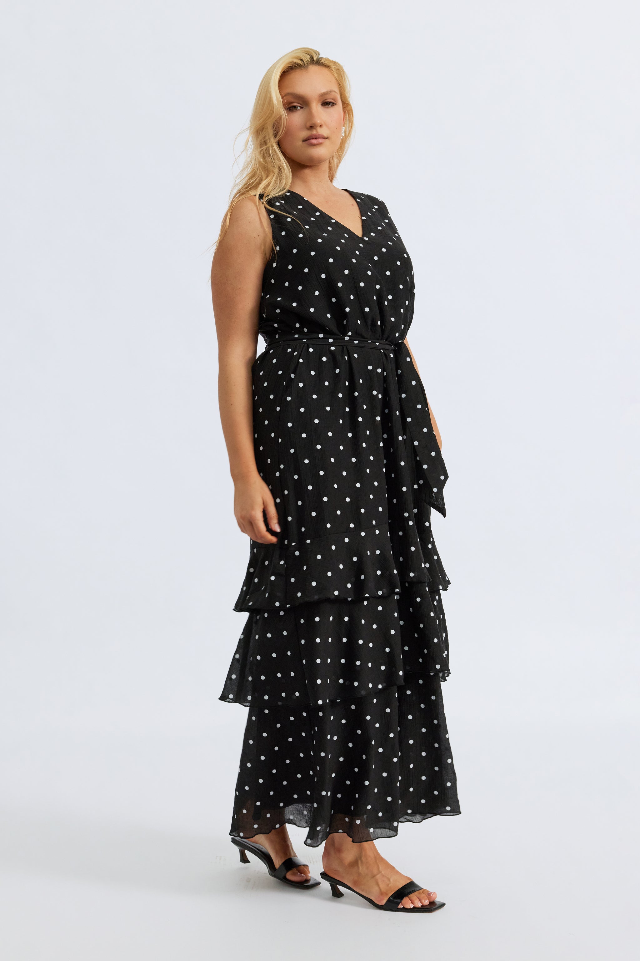 Maisie Polka-dot Frill Maxi Dress - Black / White, L Maisie Polka-dot Frill Maxi Dress - Black / White, L