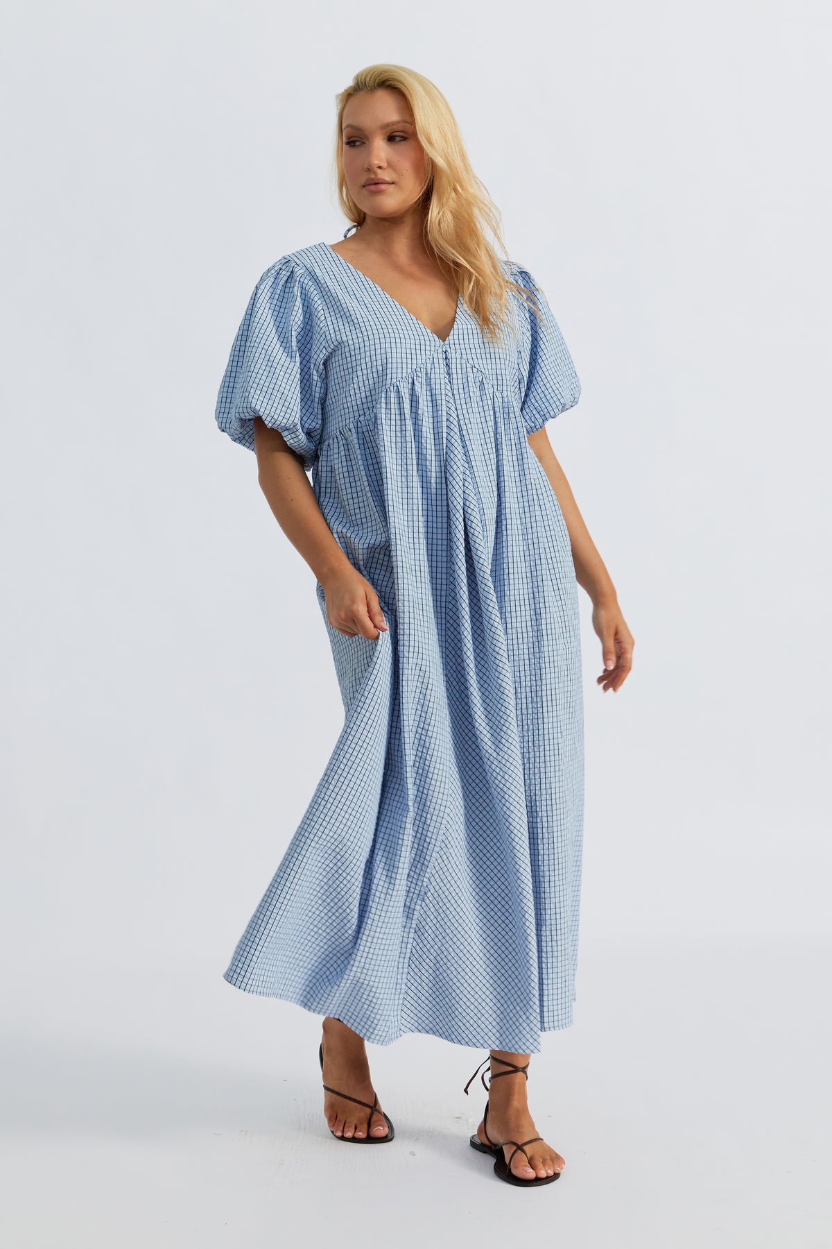 Nara Babydoll Midi Dress - Blue / Black