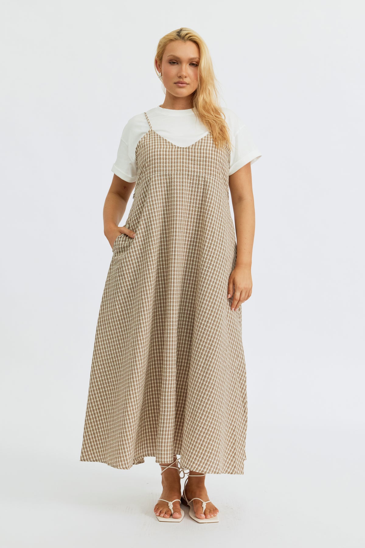 Olivia Layered Two-Piece Babydoll Dress - White / Beige Plaid
