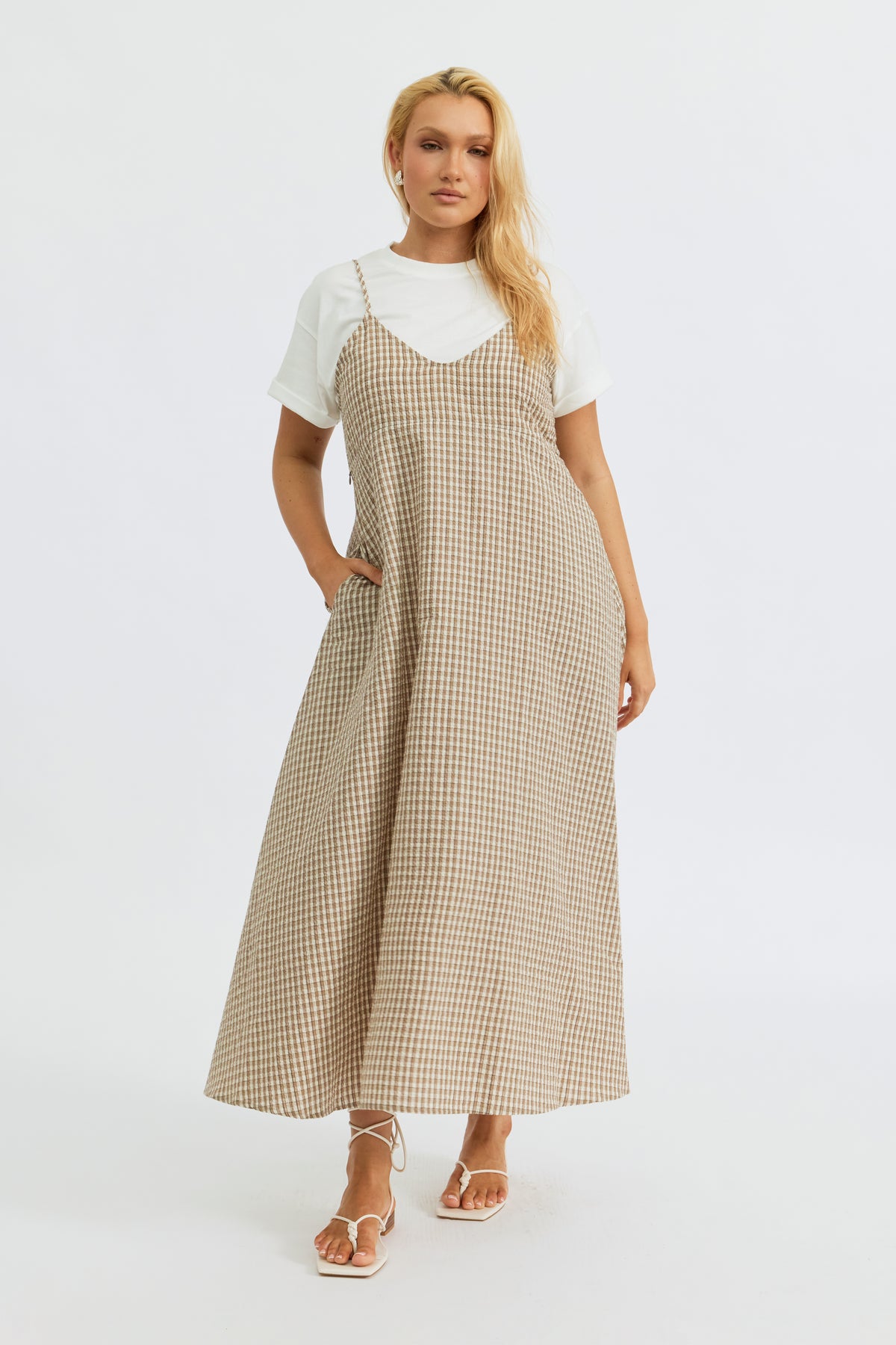 Olivia Layered Two-Piece Babydoll Dress - White / Beige Plaid