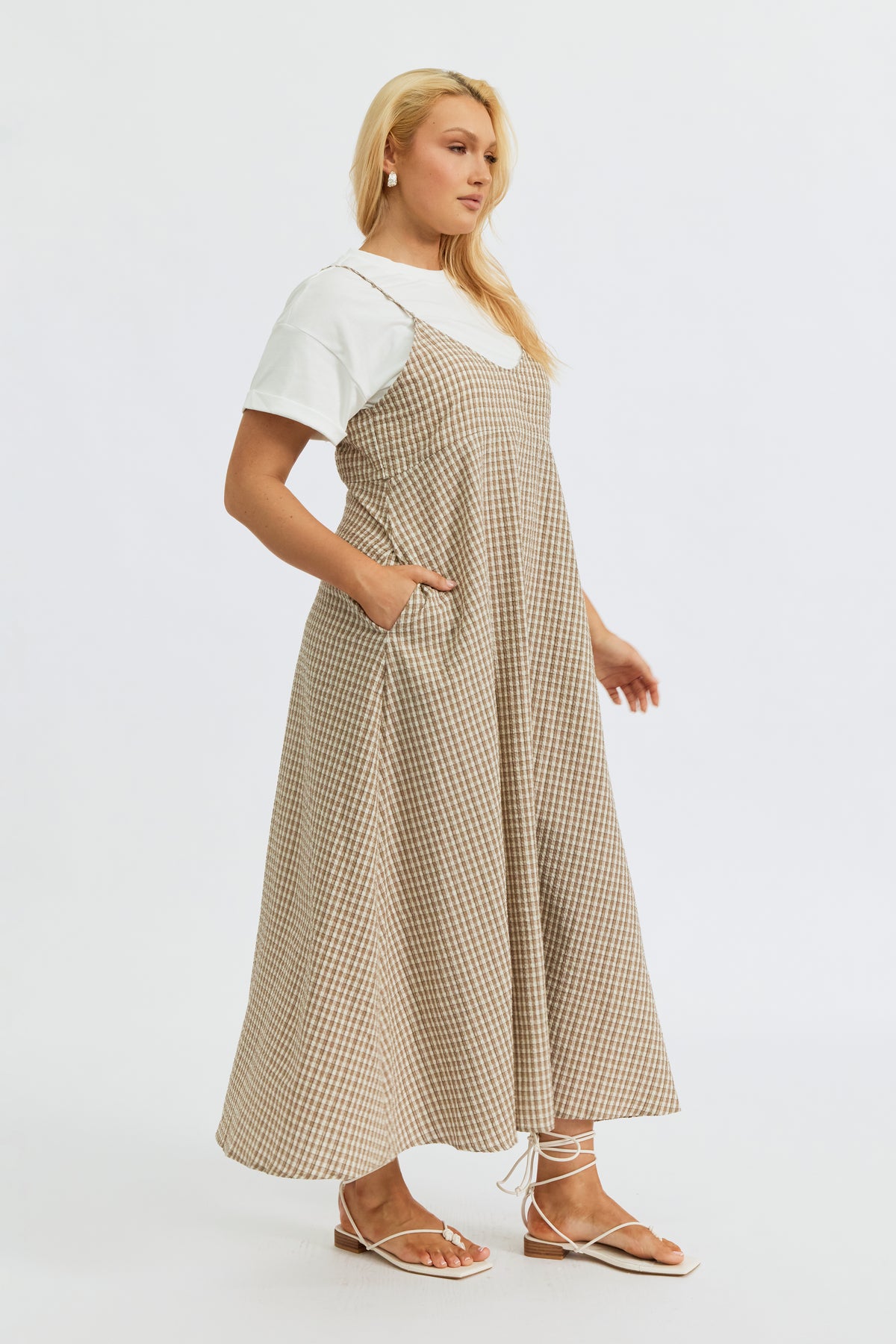 Olivia Layered Two-Piece Babydoll Dress - White / Beige Plaid