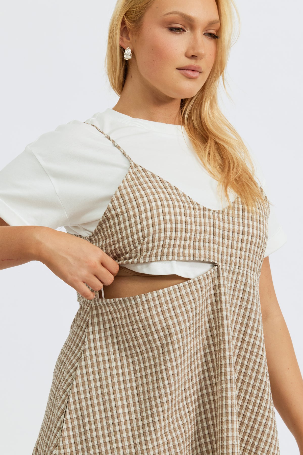 Olivia Layered Two-Piece Babydoll Dress - White / Beige Plaid