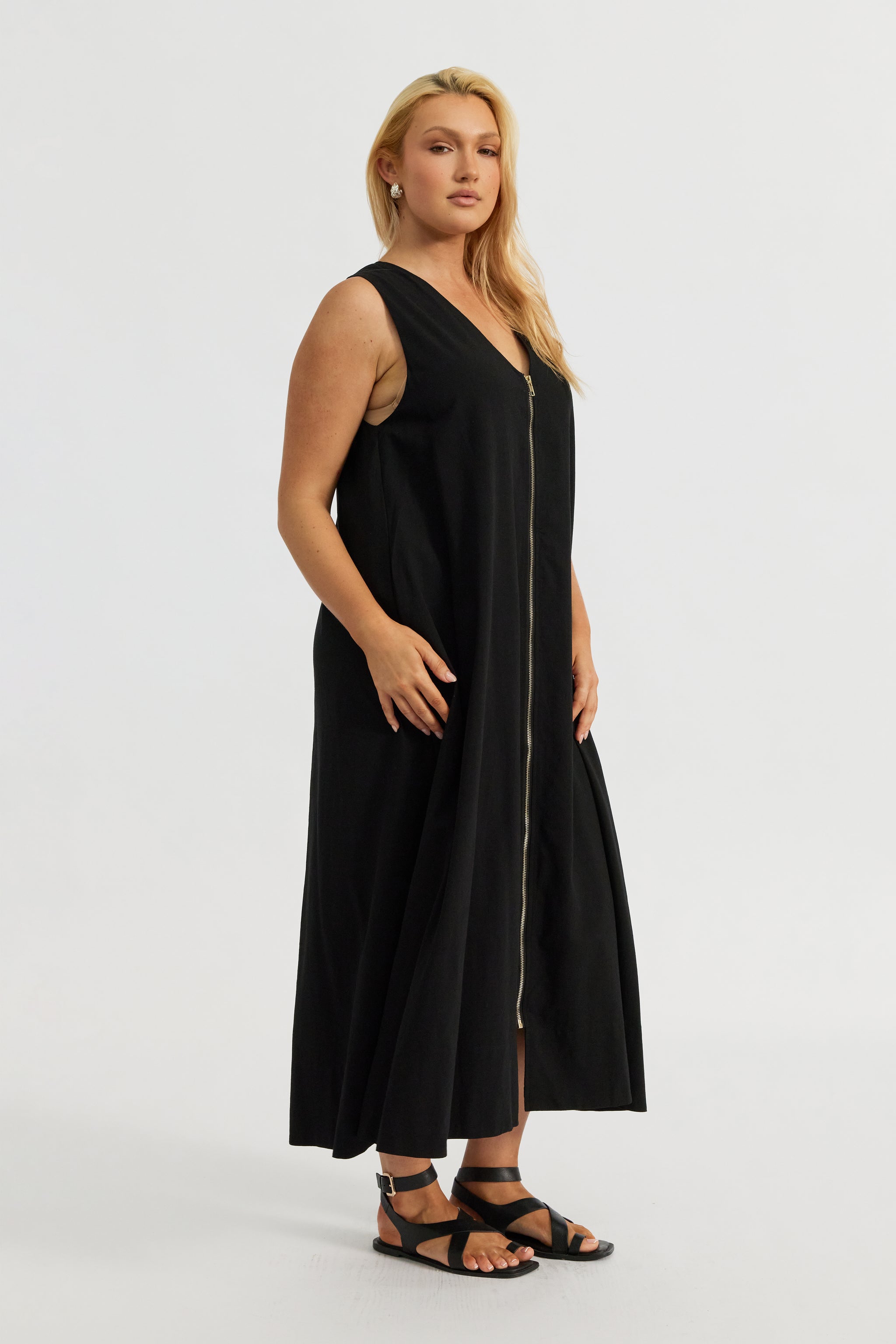 Gill Zip-Front Midi Dress - Black, XL
