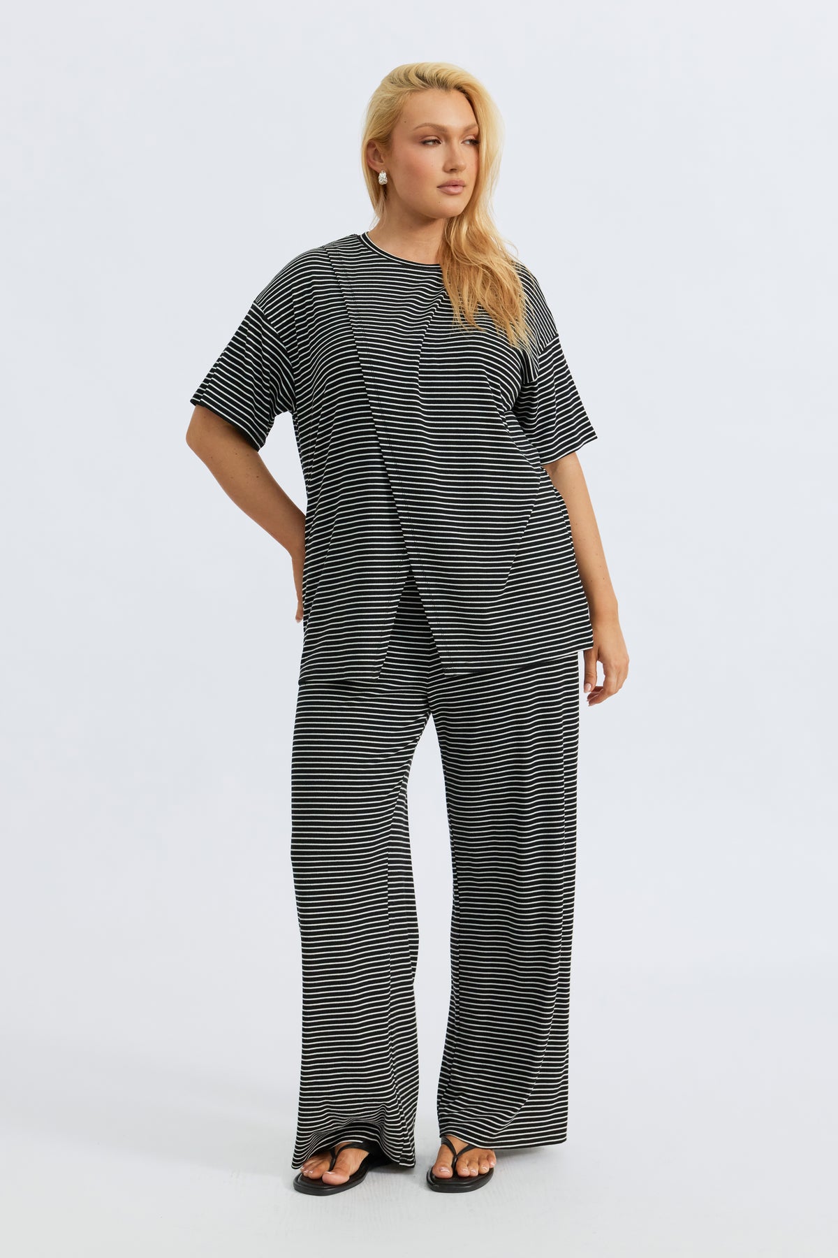 Ivy Stripe Longline Wrap Tee - Black / White