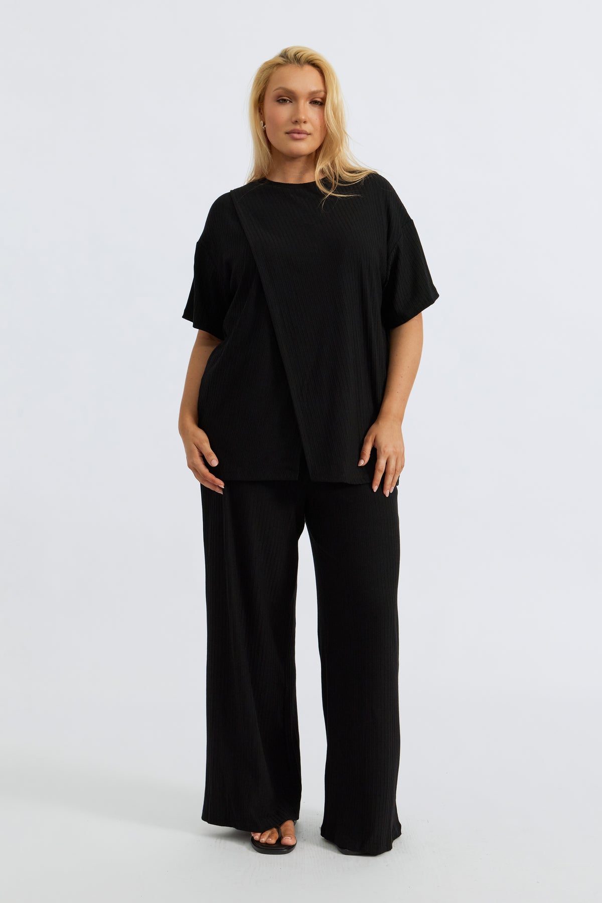 Ivy Ribbed Longline Wrap Tee - Black