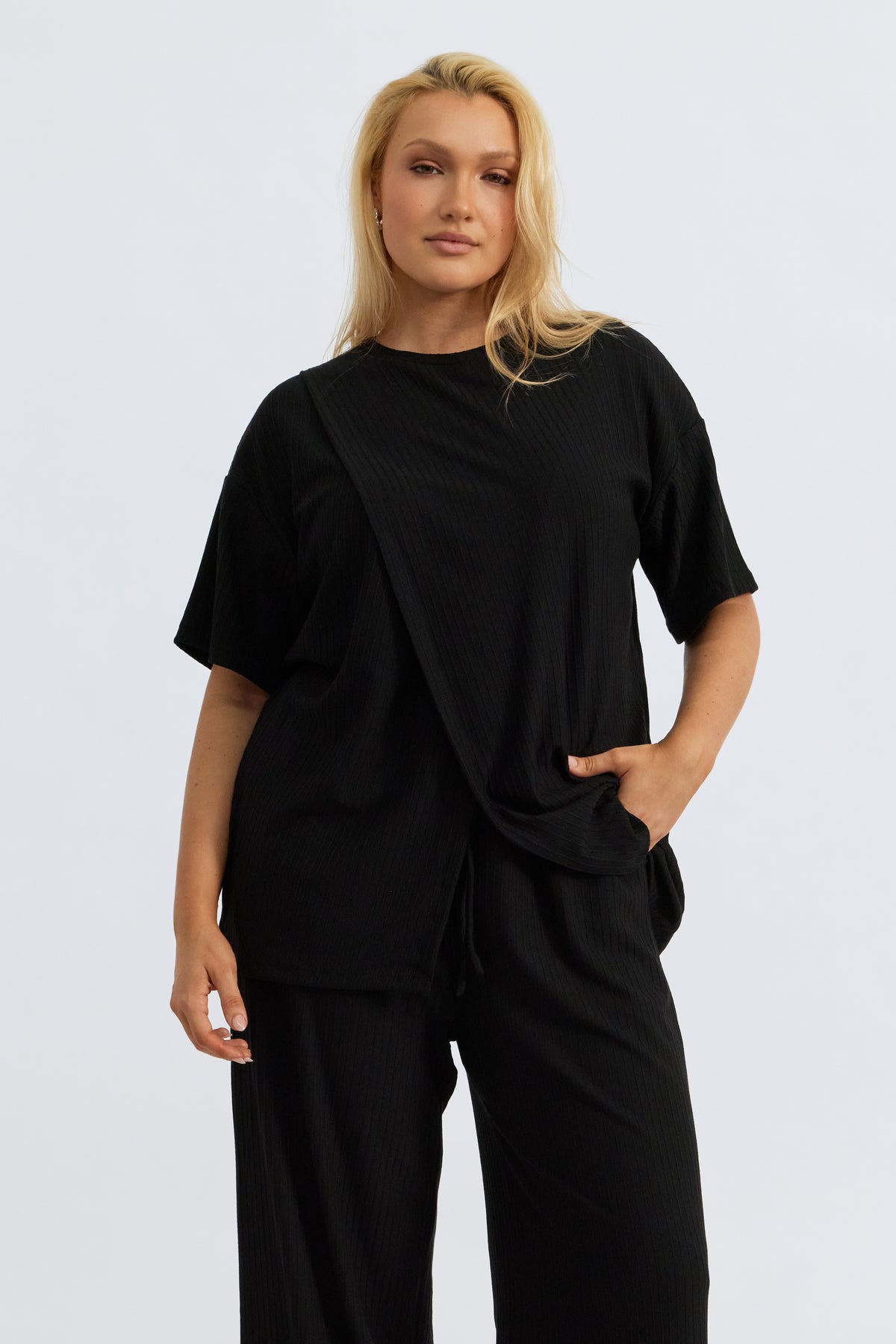 Ivy Ribbed Longline Wrap Tee - Black