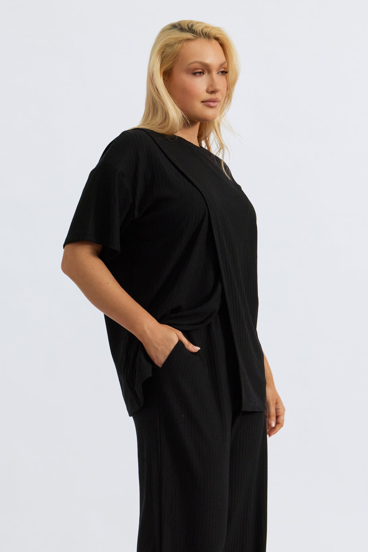 Ivy Ribbed Longline Wrap Tee - Black