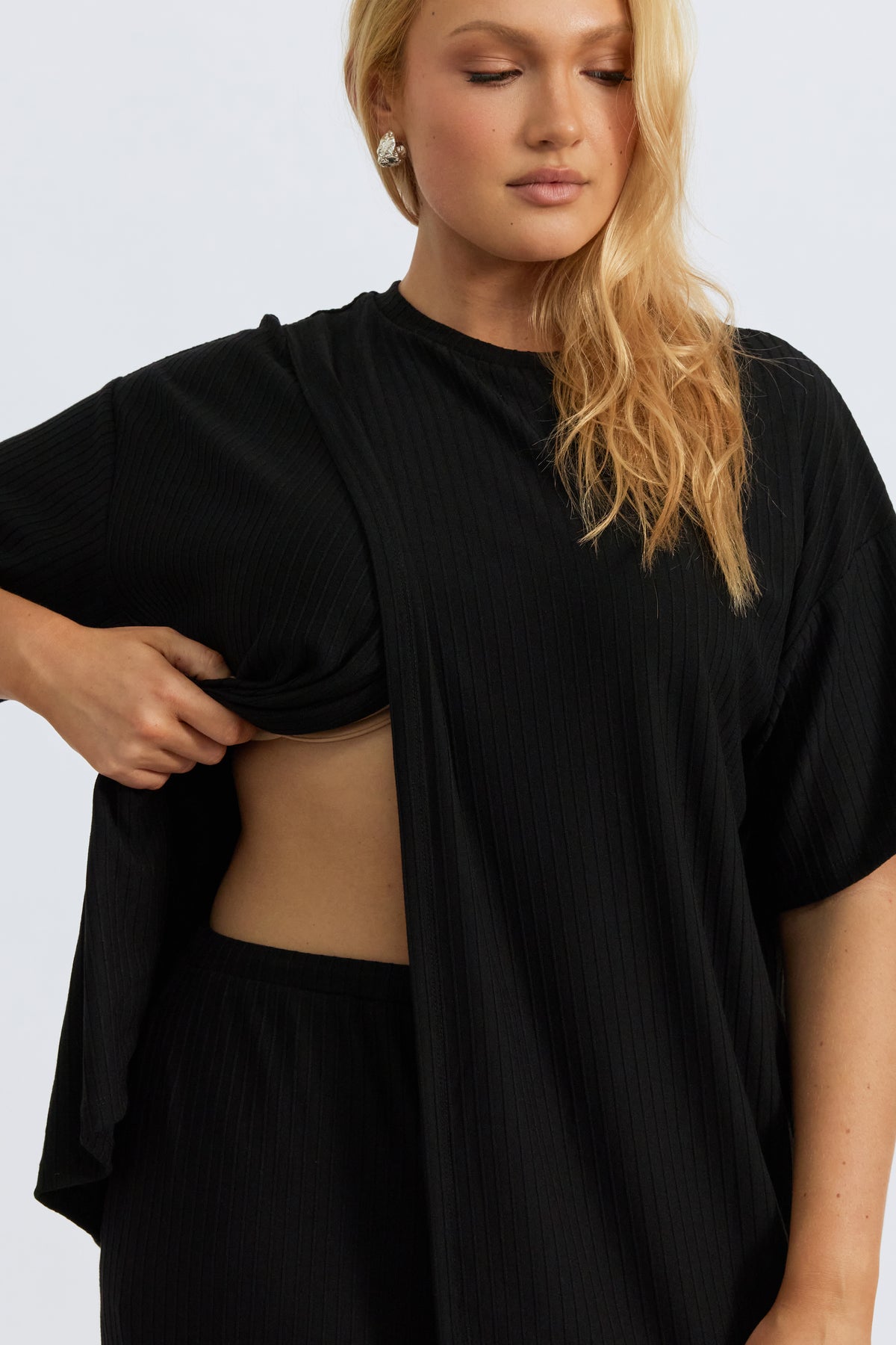 Ivy Ribbed Longline Wrap Tee - Black