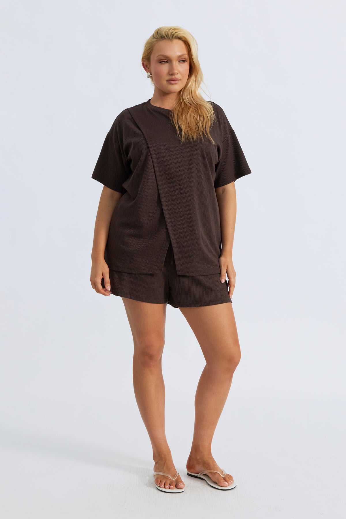 Ivy Waffle Longline Wrap Tee - Chocolate