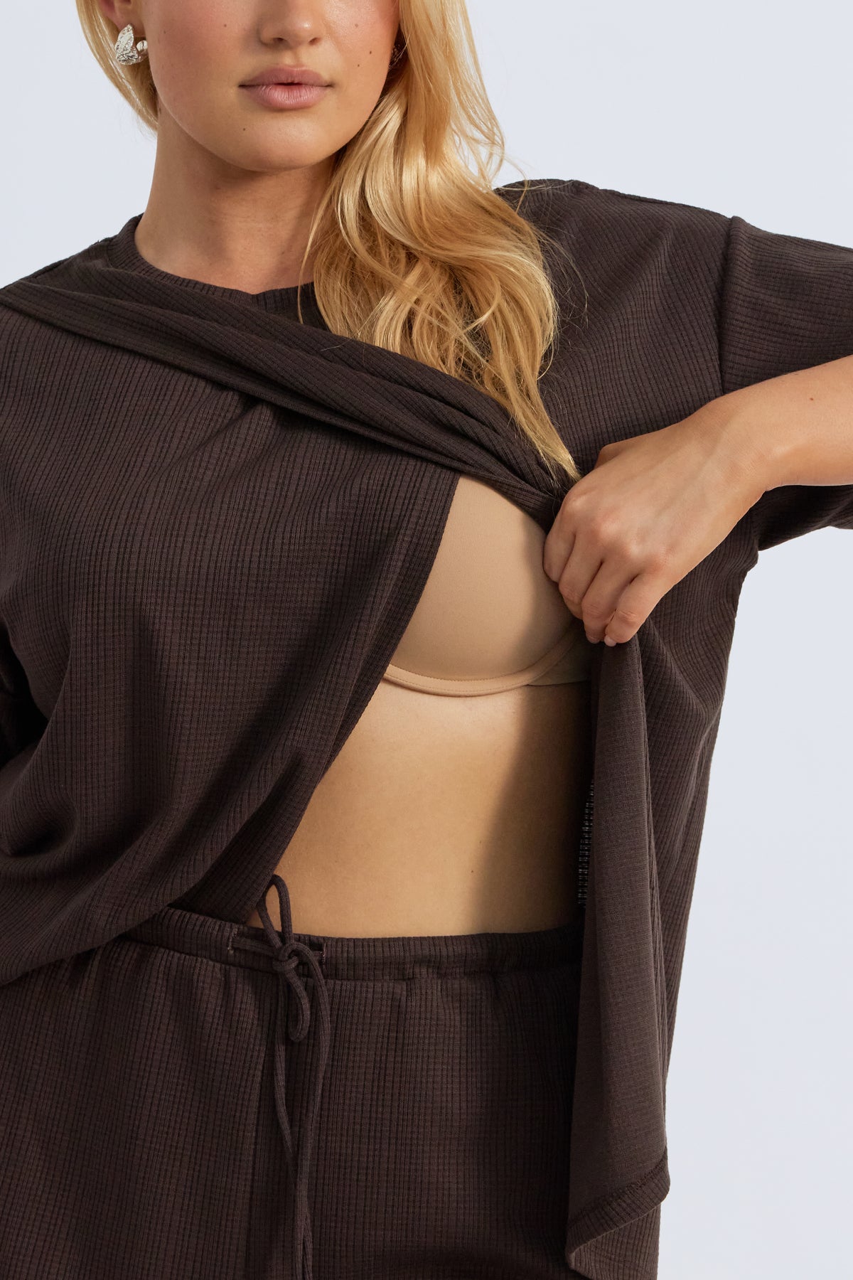 Ivy Waffle Longline Wrap Tee - Chocolate