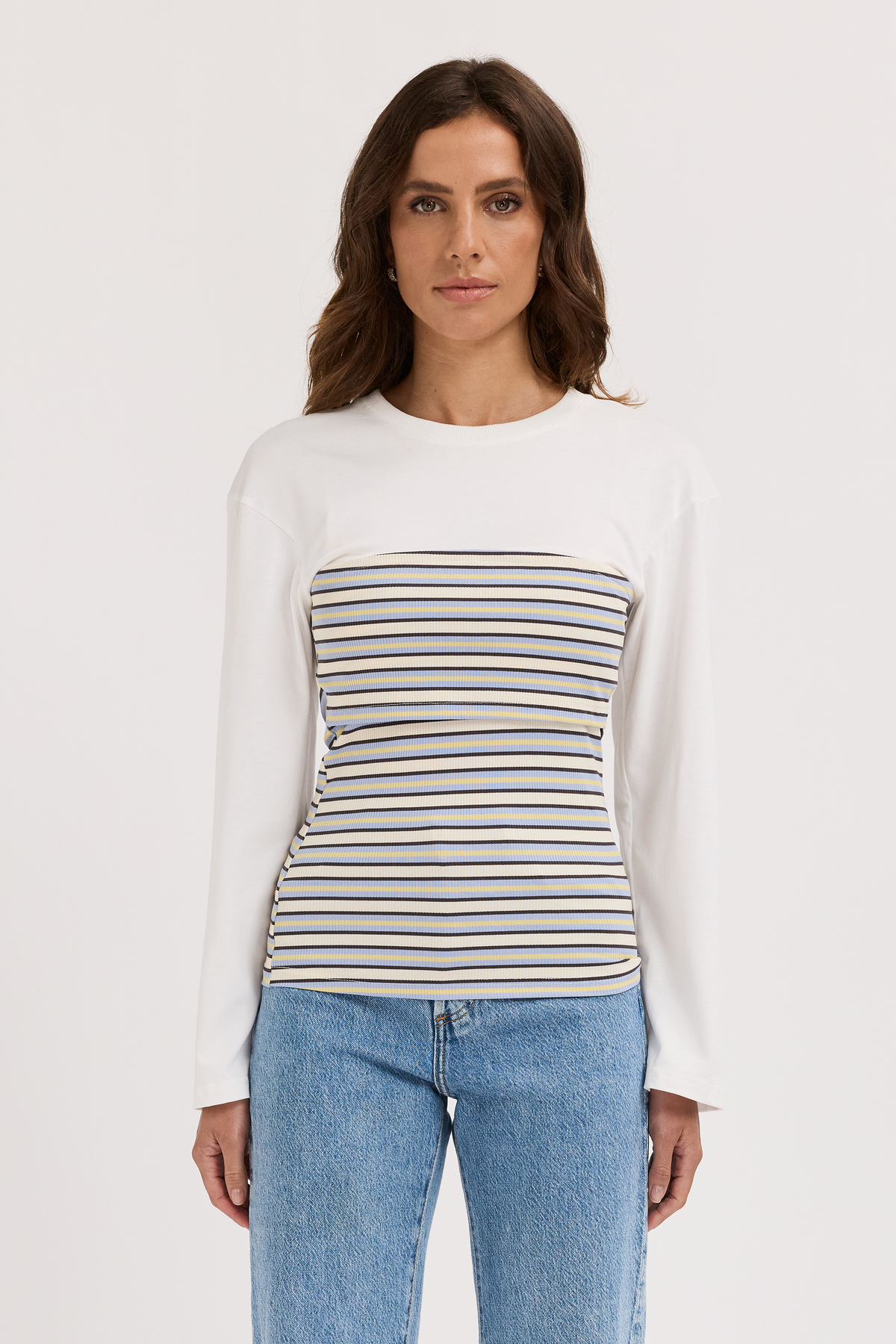 Jo Ribbed Bodice Long Sleeve Top - White / Multi Stripe