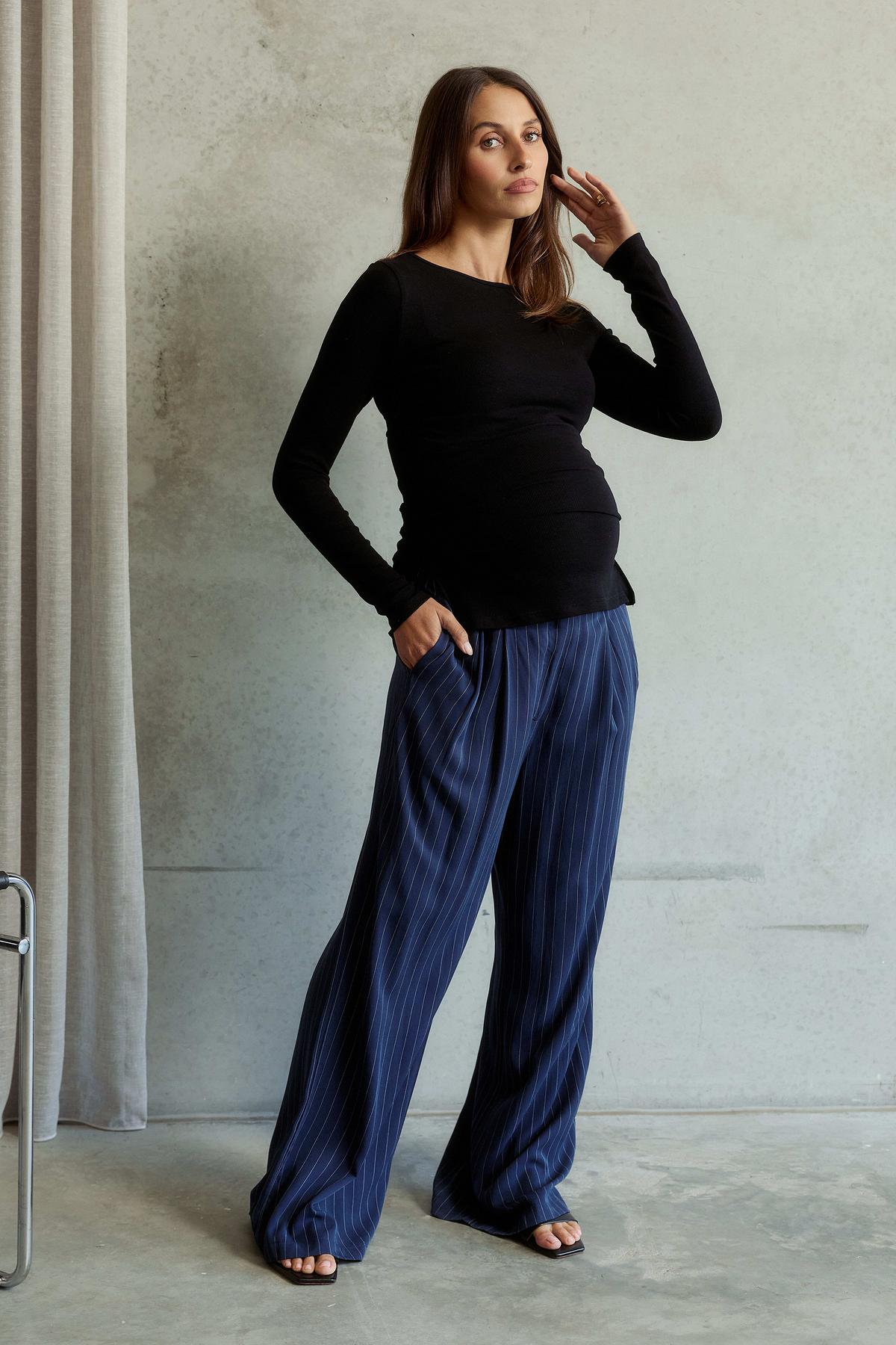 Bambi Pinstripe Adjustable Wide Leg Pant  - Navy / White