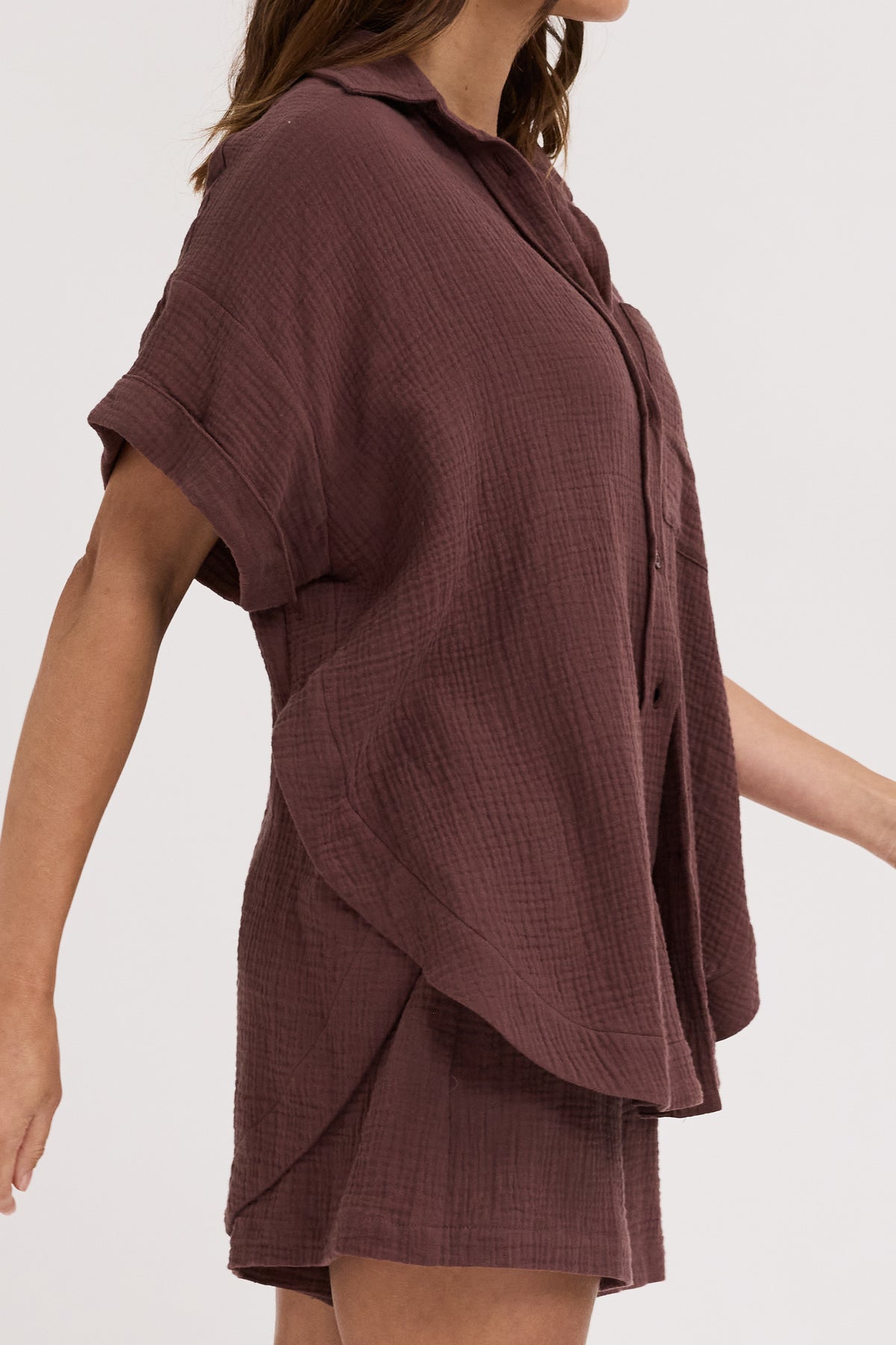 Reese Rolled Sleeve Button-Down Shirt - Chocolate