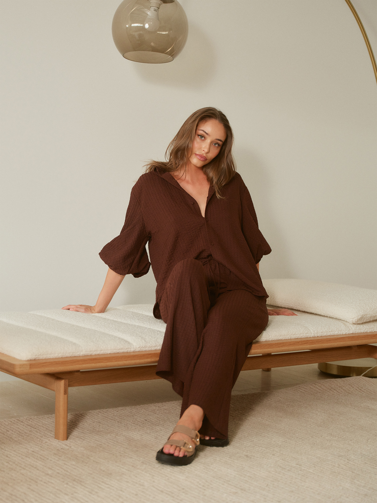 Apero - Minimal Embroidered Longline Tee - Burnt Sienna / Cream