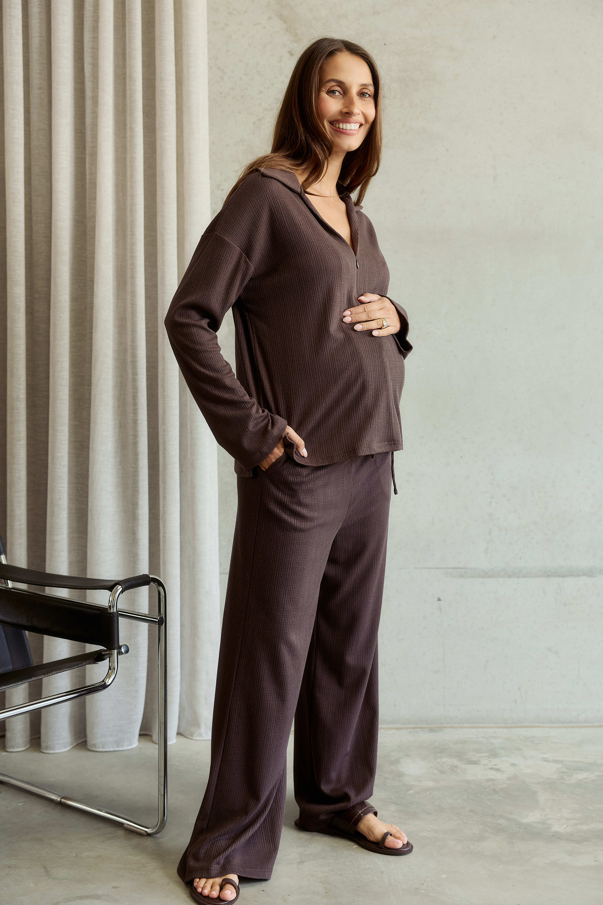 Ivy Waffle Zip-Front Top - Chocolate